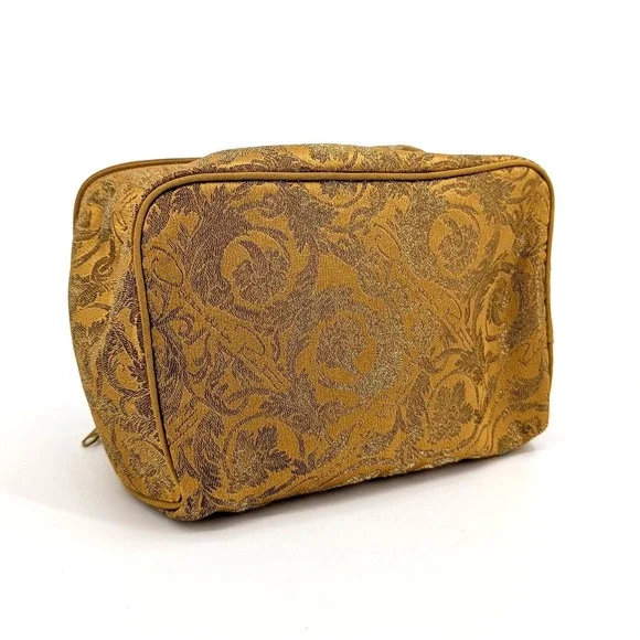 Vintage Oscar de la Renta Gold Brocade Cosmetic Bag Floral Damask Vanity Case - Picture 4 of 11